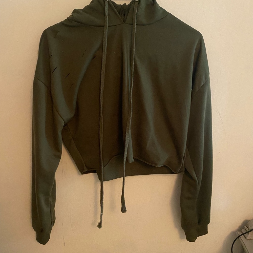 Green distressed crop hoodie